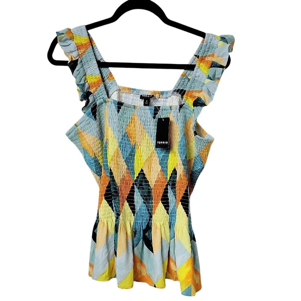 Torrid Peplum Washable Crinkle Gauze Tank Top Geo Multi Womens Plus Size 2X NWT